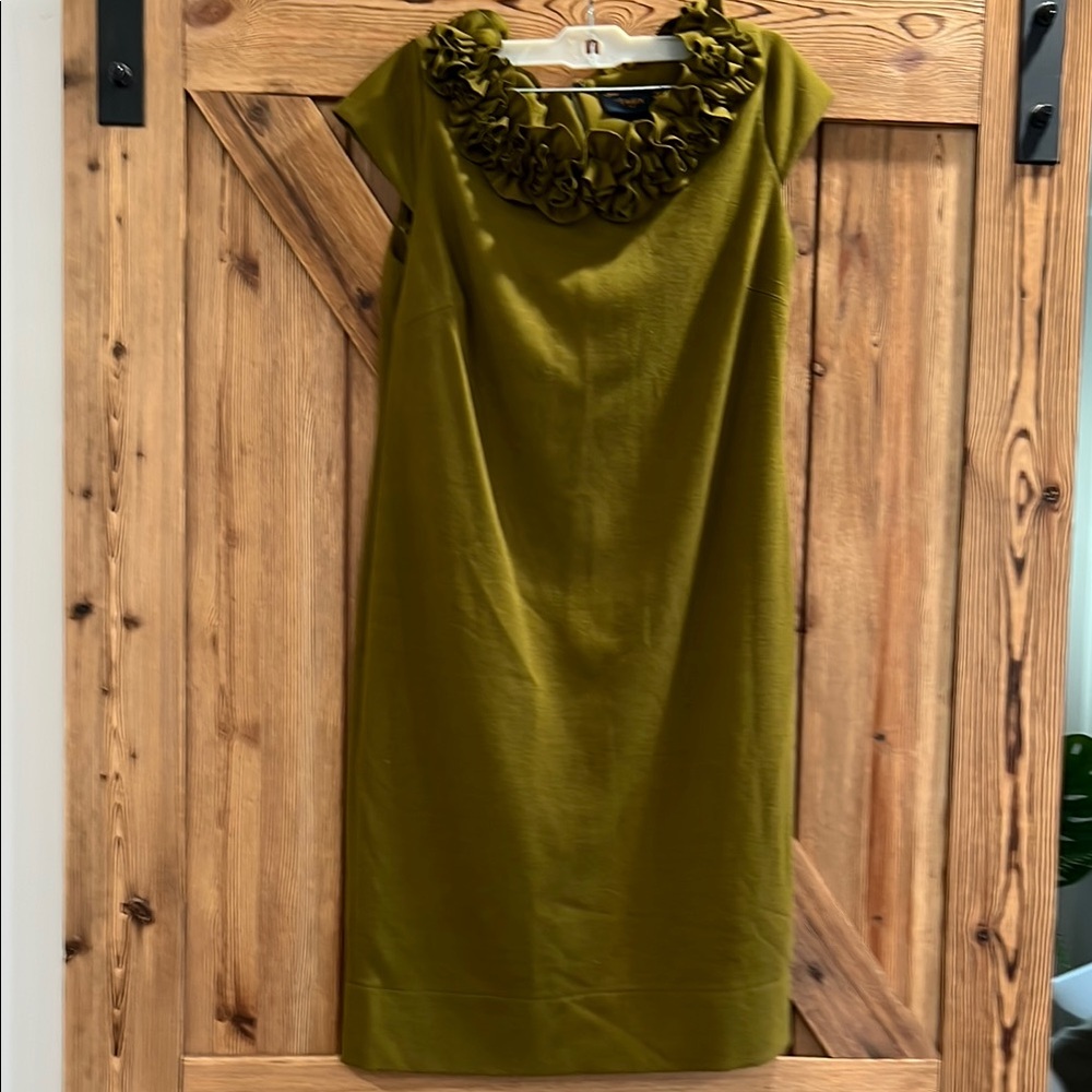 Olive Green Dress with Ruffle Neckline